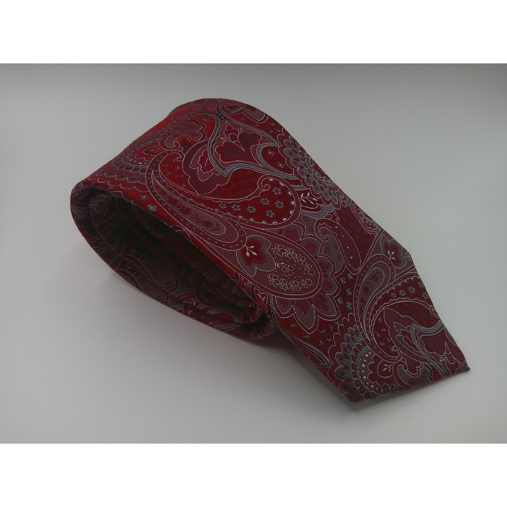 Geoffrey Beene Men's Extra Long Silk Paisley Tie Red Burgundy Grey Hand Made XL